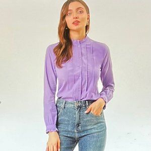 Business or Casual Long Sleeve Ruffled Button Up Cotton Blouse Purple (M/L) NWT